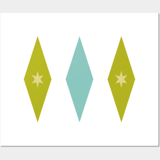 Retro Aqua Blue Avocado Green and Yellow Stars In Diamonds Posters and Art